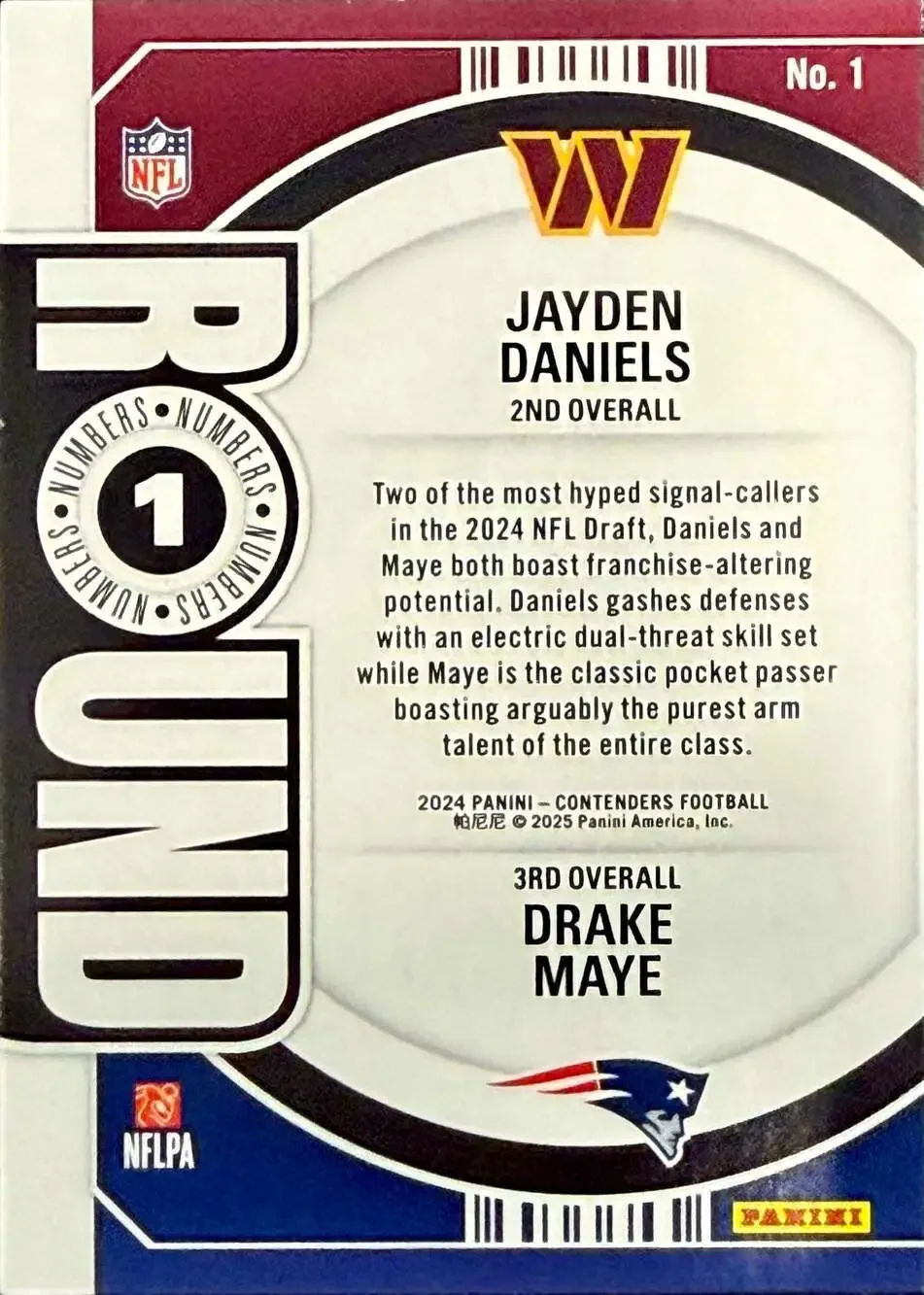 Jayden Daniels & Drake Maye Rookie Card 2024 Panini Contenders Round Numbers #1